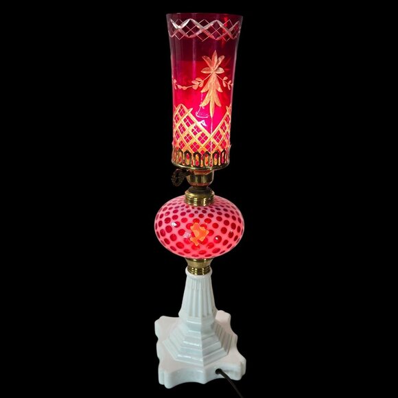 Vintage Cranberry Hobnail Glass Lamp Fenton Style Cut to Clear Shade Milk Glass - Picture 3 of 16
